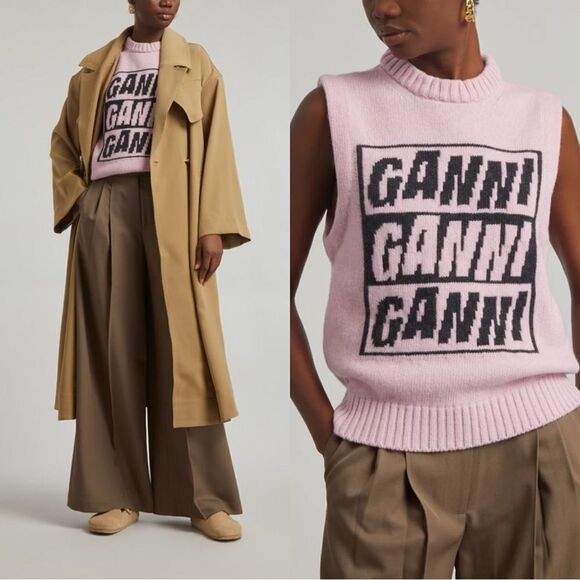 GANNI Logo Sleeveless sweater Vest in pink - Picture 1 of 14